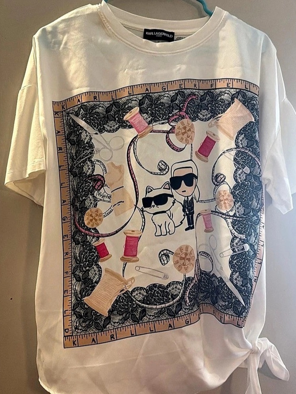 Karl Lagerfeld Paris Karl & Choupette Frame Side Tie Crew Neck T-Shirt White &